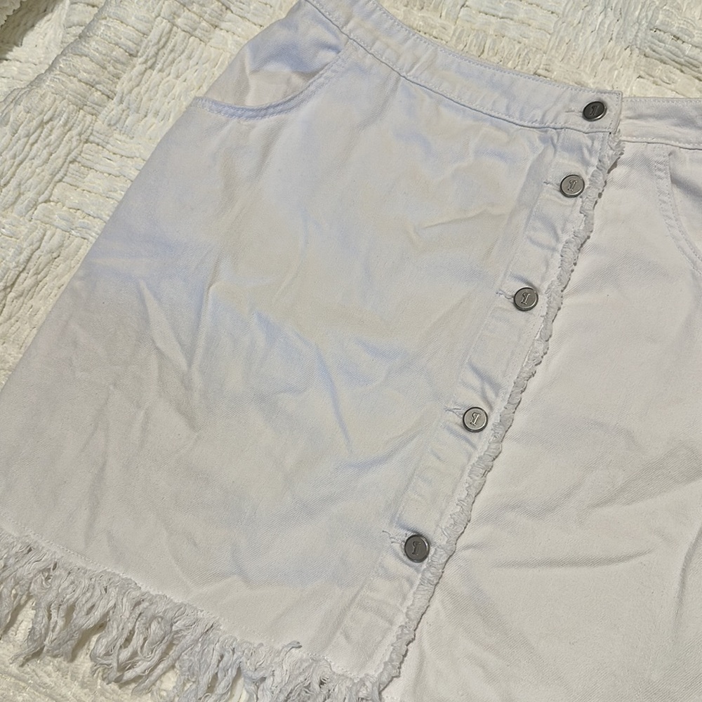 Pilcro and the letterpress white fringe Jean skirt off center button down skirt